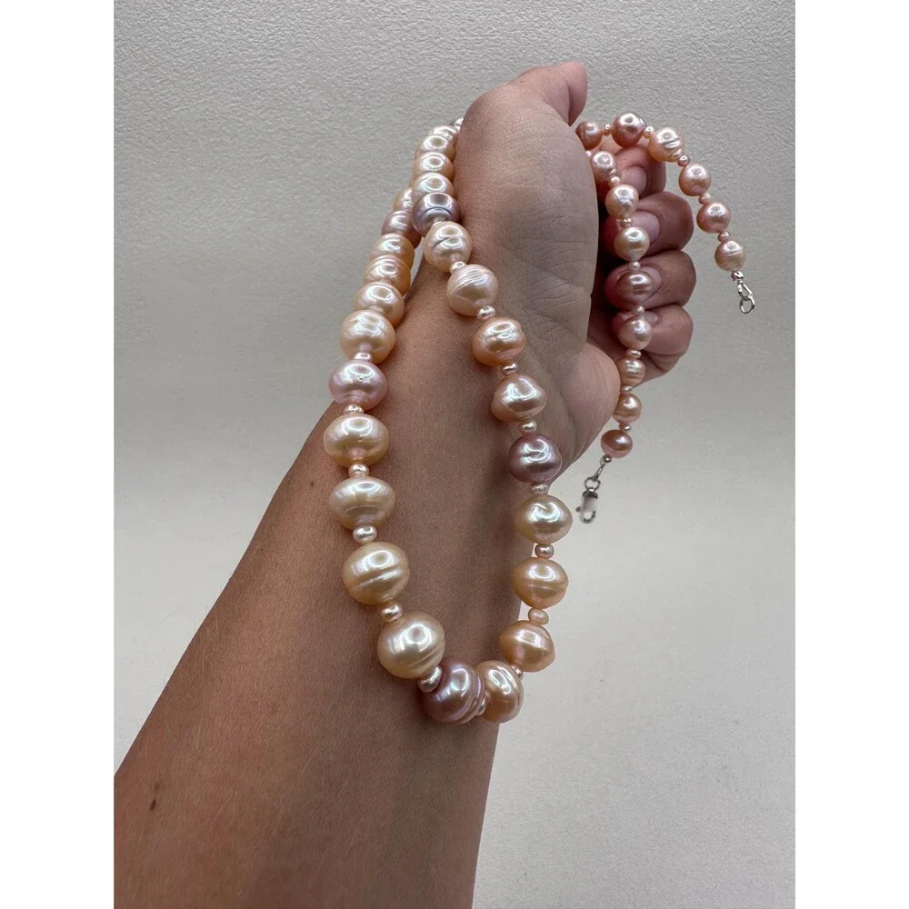 Pink Orange Edison Pearl Necklace 925 Sterling Silver  Handmade Minimal Jewelry